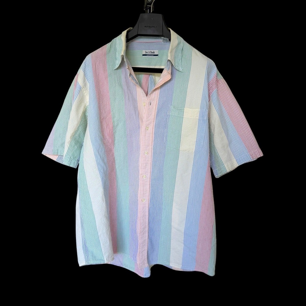 90's Jos A Bank XL Seersucker Striped Short Sleeve Button Down Shirt Multi Color